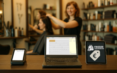 Kostengünstige Friseur-Registrierkasse mit flexibler Hardware – drei Geräte mit Preis-Symbol und Friseursalon im Hintergrund.