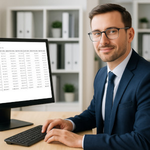 Junger Steuerberater im modernen Büro nutzt das Steuerberater-Login der Friseur-Registrierkasse auf seinem Laptop und überprüft Echtzeit-Umsatzdaten und Steuerberichte.