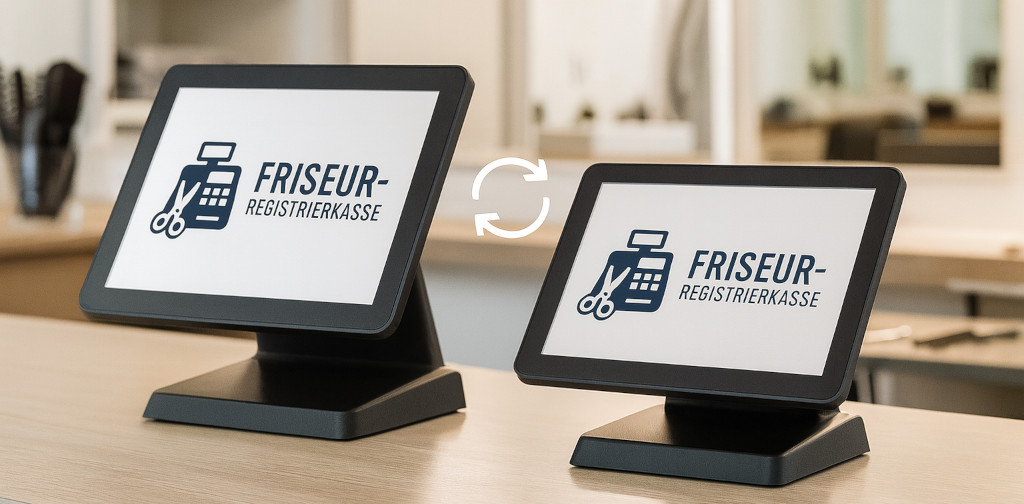 Zwei moderne All-in-One-POS-Touchscreen-Kassen für Friseursalons stehen auf einem Tresen; links ein bestehendes Gerät, rechts ein identisches Austauschgerät, dazwischen ein dezentes Austausch-Symbol, im Hintergrund ein helles, modernes Friseurstudio.