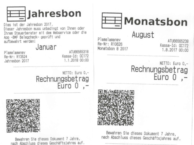 Originaler Kassen-Monatsbon und Jahresbon der Friseur-Registrierkasse, automatisch erstellt und gesetzeskonform für FinanzOnline signiert.