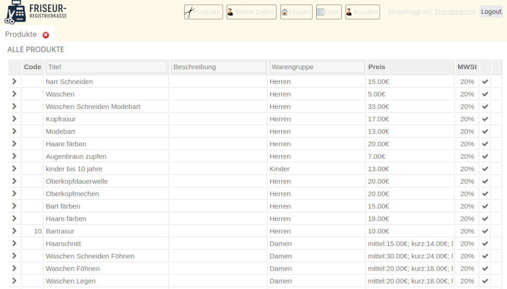 Screenshot des Partner-Systems der Friseur-Registrierkasse mit bearbeitbarer Produktliste eines Friseursalons, inklusive Preisen und Bezeichnungen.