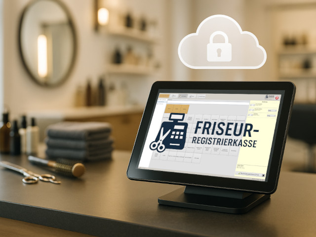 Modernes Kassensystem für Friseursalons auf einer Theke, Touchscreen-POS mit digitaler Abrechnung, Cloud-Symbol mit Schloss für sichere Server-Datenspeicherung und automatische Backups, im Hintergrund ein heller, professioneller Friseursalon.