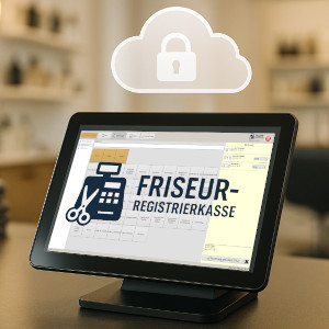 Modernes Kassensystem für Friseursalons auf einer Theke, Touchscreen-POS mit digitaler Abrechnung, Cloud-Symbol mit Schloss für sichere Server-Datenspeicherung und automatische Backups, im Hintergrund ein heller, professioneller Friseursalon.