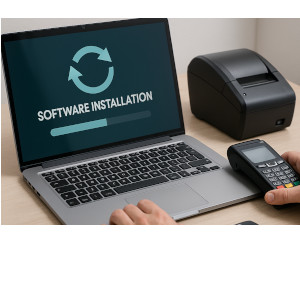 Professionelle Softwareinstallation an einem Kassensystem: Techniker richtet aufgeräumten Arbeitsplatz mit Laptop und POS-Hardware ein, sichtbare Hände bei der Einrichtung, Symbol für Wiederverwendung bestehender Geräte auf dem Bildschirm.