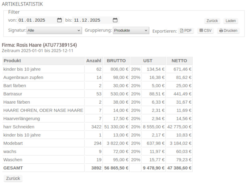 Screenshot des Partner-Systems der Friseur-Registrierkasse mit bearbeitbarer Produktliste eines Friseursalons, inklusive Preisen und Bezeichnungen.
