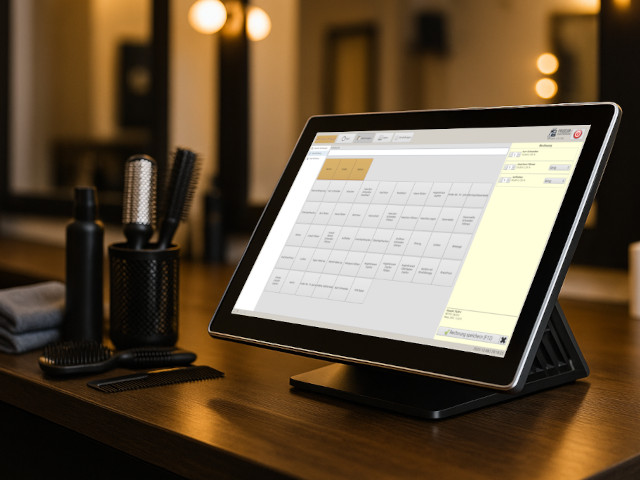 Ein modernes POS-Gerät mir der Software Friseur-Registrierkasse auf einem Friseurtisch.